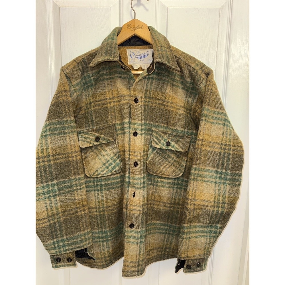 VTG CPO Jacket Campuset Men's M Campus Sherpa Lined Green Plaid Navy 60s/70s - Picture 3 of 16